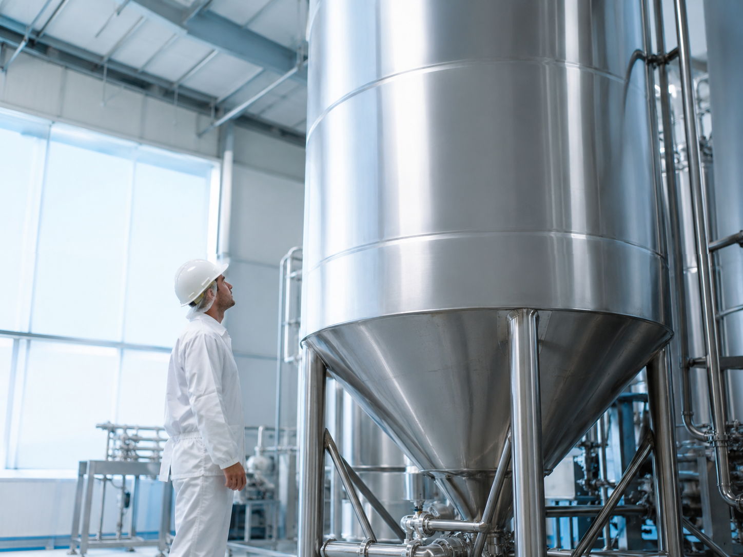 Technicus bij een roestvrijstalen silo